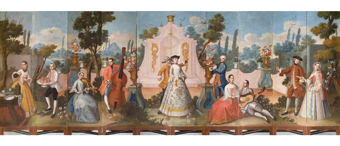 Folden screen. Sarao in a garden of Chapultepec