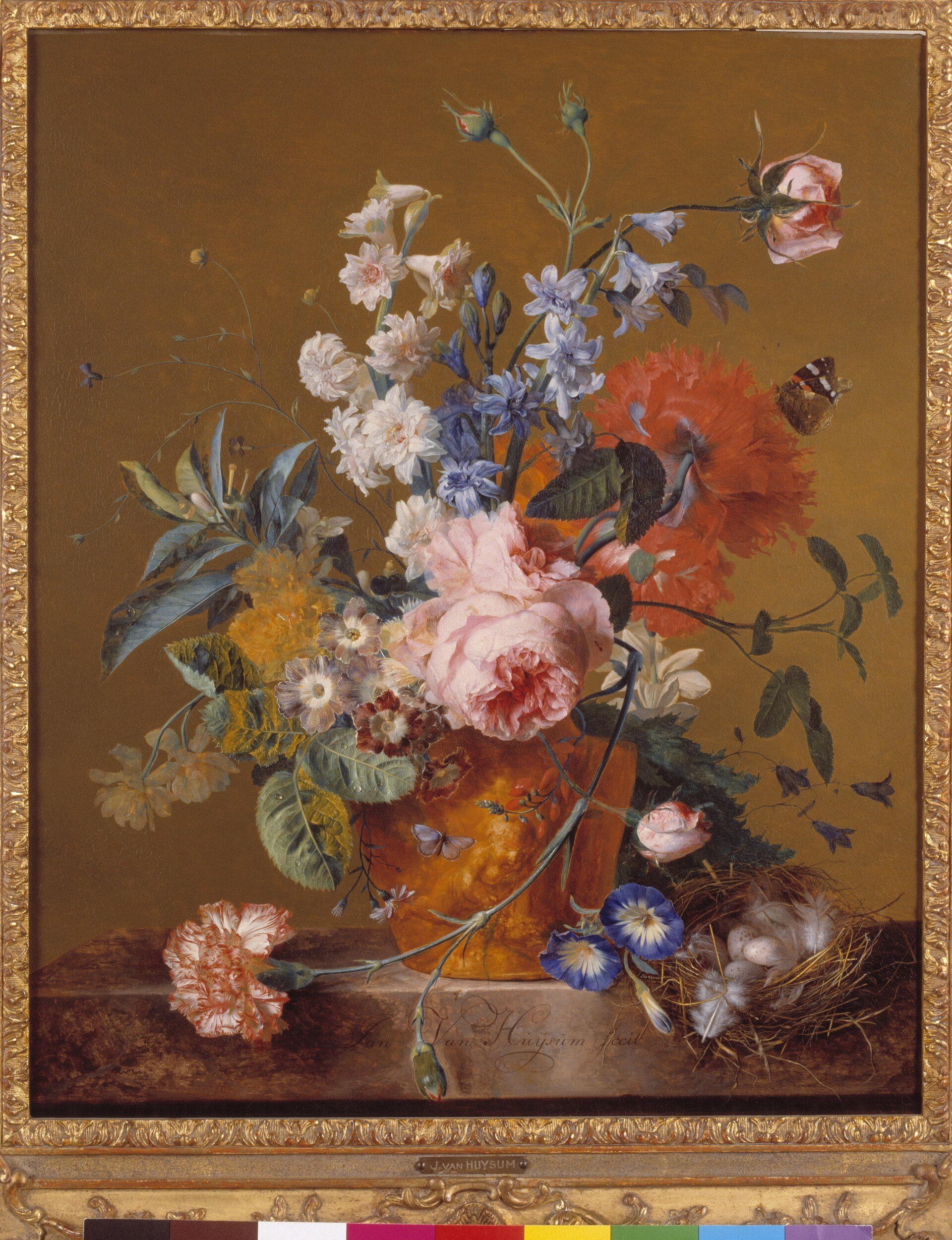 Still Life with Hyacinths and Roses in a Terracotta Vase on a Marble Table
